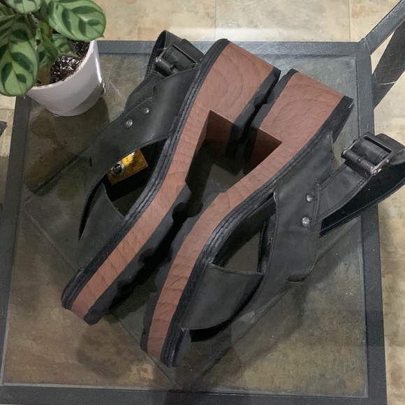CAT (CATERPILLAR) Chunky Block Wood Heel Black Leather Slingback Sandals - Picture 5 of 12